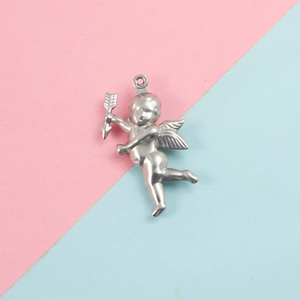 Detailed view of silver Cupid angel pendant with arrow in polished stainless steel