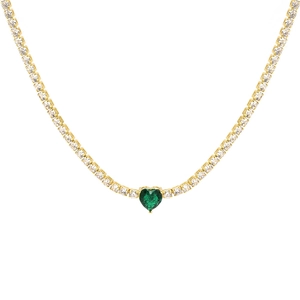 Collana tennis placcata in oro 18k con diamanti bianchi e gemma a cuore verde centrale