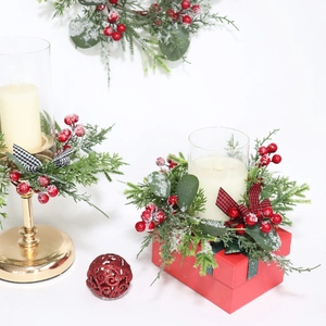 Christmas candle holder set with red gift box, eucalyptus and snowy pine wreath