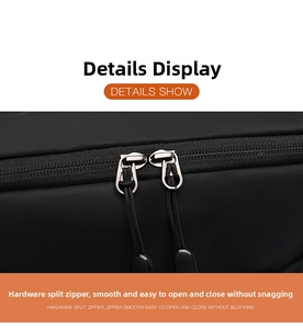 Detail of high-quality smooth two-way metal zippers and nylon pulls on black backpack