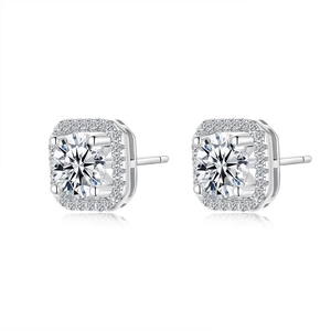 Elegant halo square moissanite stud earrings in S925 sterling silver with center round stone