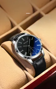 Classic men's business watch with Roman numerals and leather strap in wood gift box