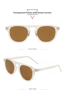 Front and side views of flat top sunglasses with transparent frames and tea lenses