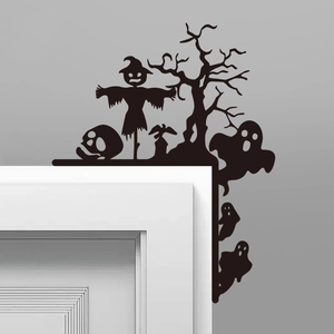L-shaped black silhouette Halloween door frame decor with scarecrow and ghost motifs