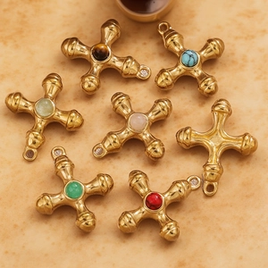 Retro 18k gold plated titanium steel cross pendants with natural tiger eye gemstones
