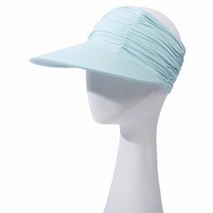 Detail of light blue sun visor with wide elastic back band and breathable fabric