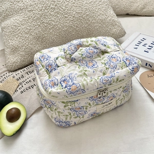 Detail view of the quilted texture and blue floral pattern on the portable cosmetic bag