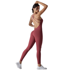 Cross back strapless yoga jumpsuit in brick red, slim fit compression bodysuit