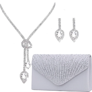 Set da sera con collana di strass, orecchini a goccia e borsa clutch in raso grigio