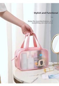 Pink transparent waterproof PVC wash bag featuring cute elephant illustration and handles