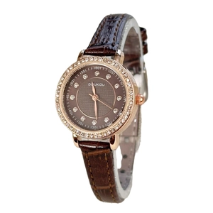 Women's vintage quartz watch with rose gold diamond bezel and brown leather strap