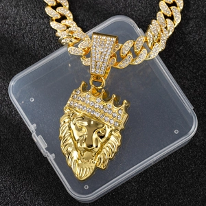 Gold plated hip hop Cuban chain with crowned lion head pendant and sparkling crystals