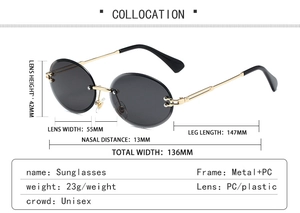 Detailed dimension guide for rimless oval sunglasses with grey lenses and gold frames