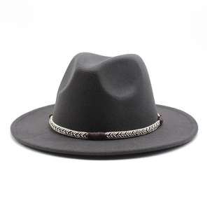 Detailed close-up of dark grey wool fedora featuring an intricate woven texture hatband