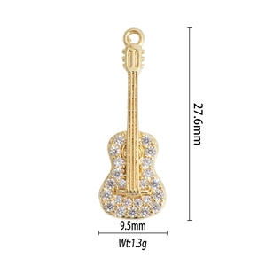 Golden guitar pendant dimensions showing 27.6mm height and 9.5mm width with weight