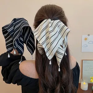 Pince À Cheveux Noeud Rayé Élégante Avec Pendentifs Künstliche Perles Satin Écharpe Griffe À Cheveux Style Français Élastiques