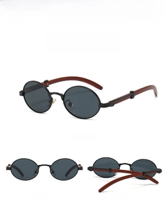 Detailed views of vintage oval sunglasses with black frames and redwood grain temples