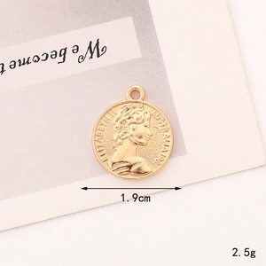Detailed view of 1.9cm gold coin pendant with Elizabeth II portrait and weight specs
