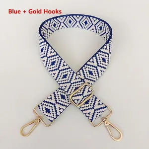 Close-up of blue and white geometric woven strap with adjustable gold-tone metal hardware