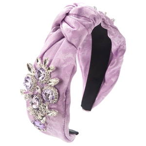 Light purple twisted headband with jacquard fabric and sparkling crystal embellishments