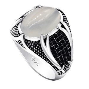 Vintage S925 sterling silver ring for men with oval white stone and black pavé diamonds