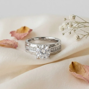 Detailed close-up of a silver stainless steel ring with channel-set sparkling zircon stones