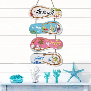 Wooden beach flip-flop wall hanging sign with sea star and surfboard patterns for home decor