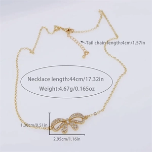 18K gold plated bow necklace with colorful cubic zirconia and detailed dimensions