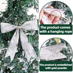 Silver Christmas tree bow with glitter finish and hanging string for holiday party decor