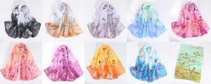 Macro display of lightweight chiffon scarves in ten assorted traditional floral patterns