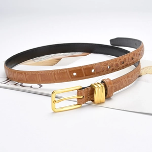 Brown crocodile pattern slim leather belt with gold metal buckle for women