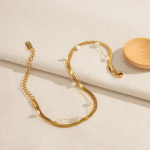 18K gold double layer stainless steel snake chain bracelet with white shell beads