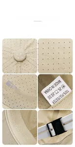 Detail view of beige mesh sports cap showing 100% polyester fabric and sports embroidery