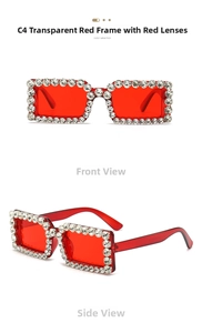 Detail view of square rhinestone sunglasses with transparent red frames and lenses