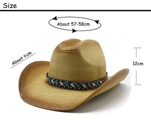 Detail view of woven straw cowboy hat featuring ethnic beaded band and 9cm curved brim