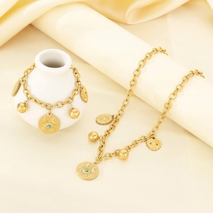 Bohemian 18K Gold Plated Stainless Steel Jewelry Necklace And Bracelet With Evil Eye Moon Star Coin Pendants For Women