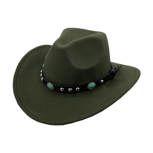 Detail of dark green felt cowboy hat featuring a turquoise stone and metal stud hatband