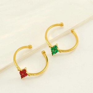 Adjustable gold plated stainless steel ring with red and green zircon flower petals