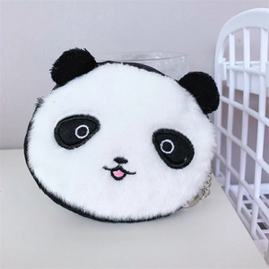 Close-up of a panda-shaped plush coin purse with embroidery and metal keychain