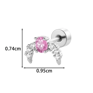 Silver crescent piercing earring with pink zircon and white gems, size 0.74cm by 0.95cm