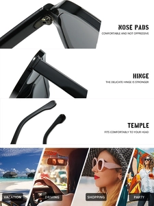 Detail view of reinforced metal hinges and ergonomic temples on black square sunglasses