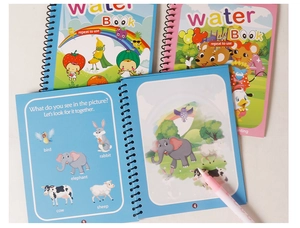 Detailed view of child hand coloring a reusable water drawing book with a special pen