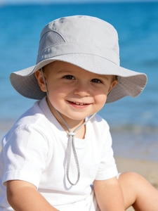 Breathable light grey kids sun hat with mesh side panels and adjustable chin strap