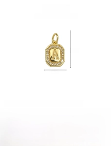 Detailed view of 18k gold plated letter A pendant with cubic zirconia inlay 15.4x8.3mm