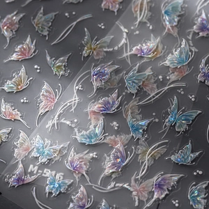 3D holographic butterfly nail stickers with embossed Aurora effect and curved line patterns