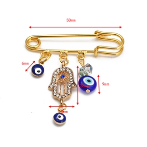 Detailed size specifications for Hamsa Hand and Evil Eye gold safety pin brooch jewelry