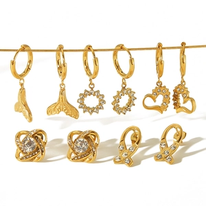 Elegant 18k gold-plated stainless steel earring set with zircon-inlaid heart and floral motifs