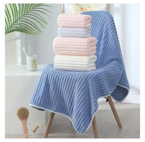 Close-up of textured coral fleece towel set in neutral colors for home bathroom use