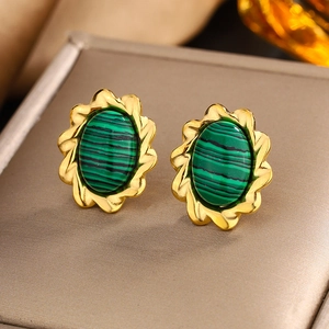 Vintage 18K gold-plated twisted edge earrings with green faux malachite stone inlay