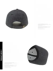 Detail of adjustable metal buckle and dark grey wool blend texture on the baseball cap